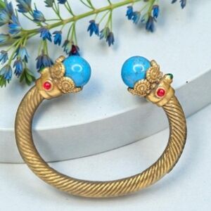 Matte Gold Plated Chunky Twisted Cable Turquoise Cabochon Bracelet